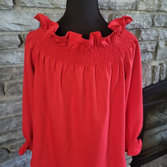 Tuckernuck Marguerite Off The Shoulder Blouse Red Smocked Ruffled Romantic Small - Picture 8 of 12